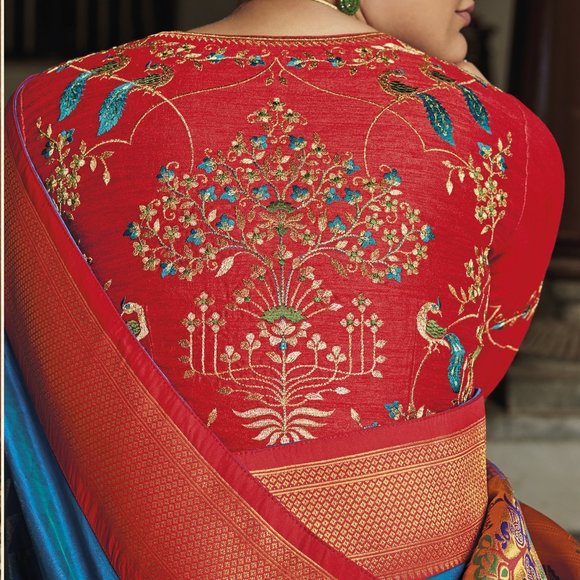 JHEAPS RAMAR BLUE ZARI WOVEN PAITHANI SILK SAREE WITH DESIGNER BLOUSE - Picture 2 of 4